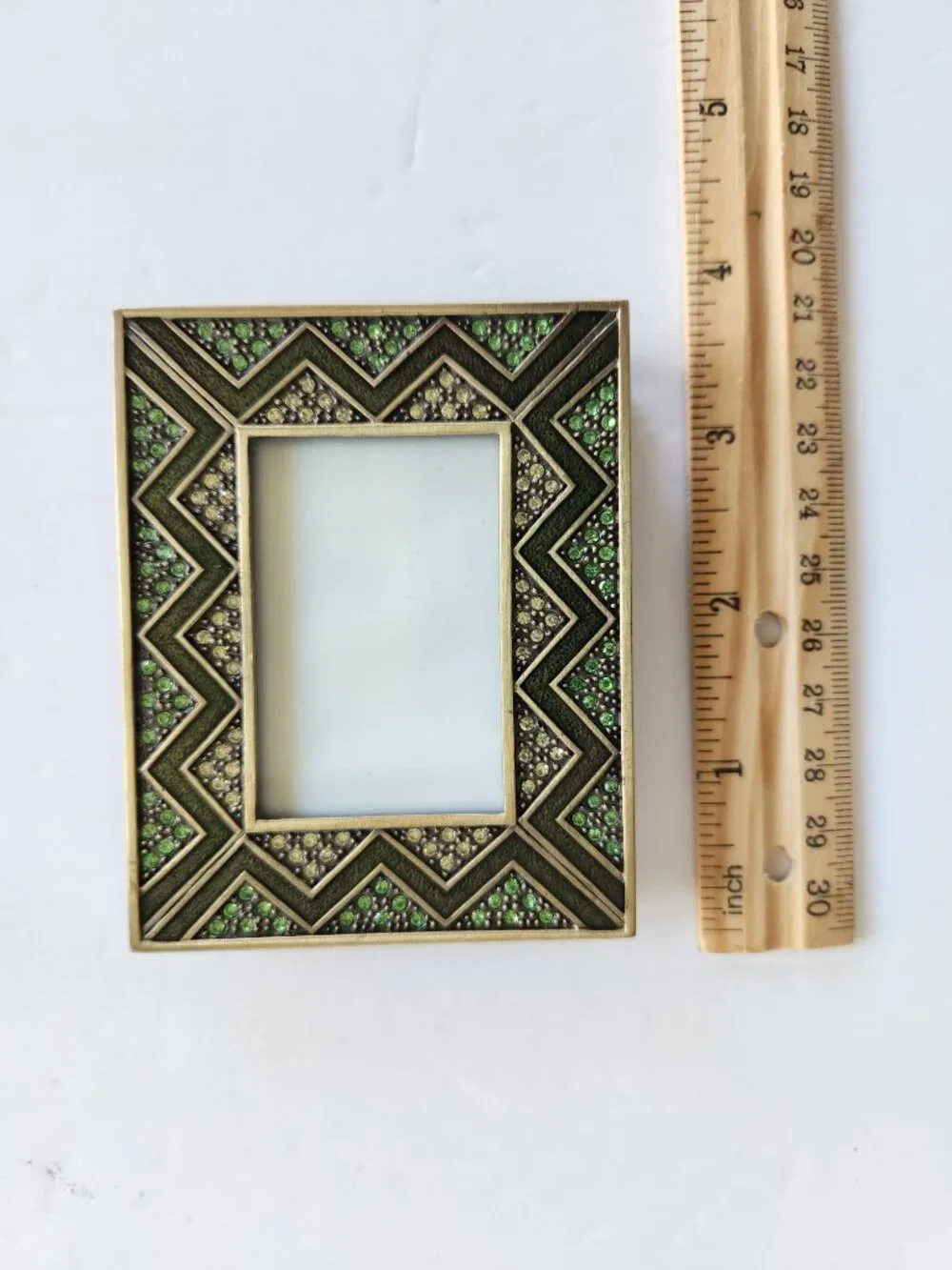 Set of 2 Mini Rhinestone Rectangle Metal Photo Frames Green Gold Chevron Design